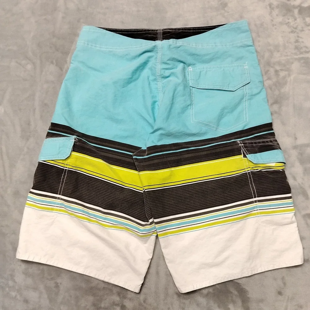 Palmwave Shorts Mens 32x11 Blue Striped Board Cargo Swim Trunks Surf Beachwear